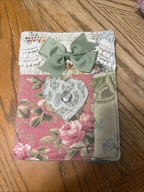 Hand-Quilted Floral Bible Cover with Lace Heart and Sage Bow Accent